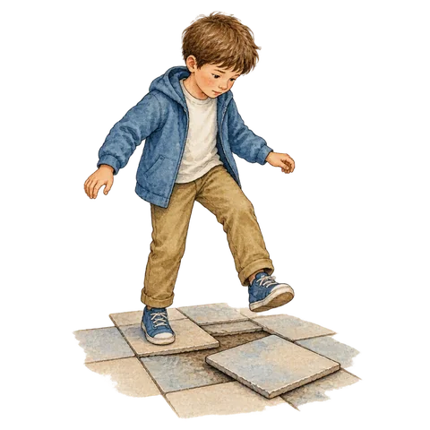 A boy carefully stepping over loose floor tiles