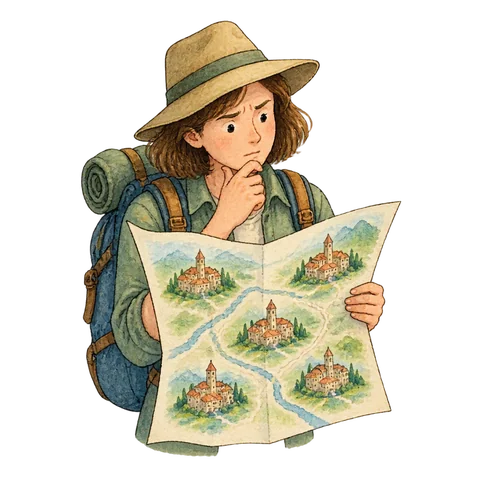 A traveller puzzling over a map with several similar-looking destinations