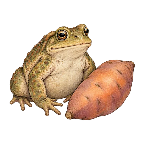 A large toad sitting beside a sweet potato