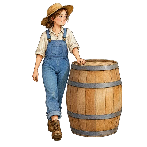 A person walking beside a large wooden barrel