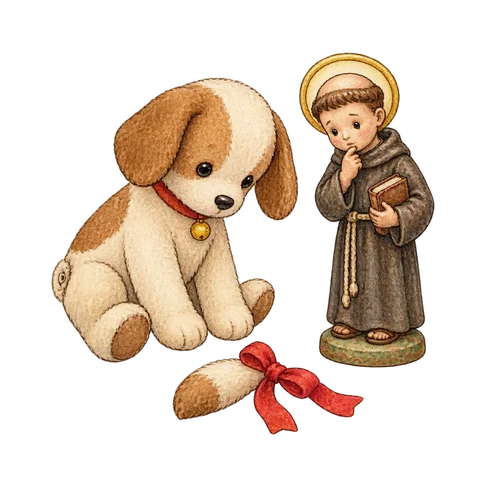 A toy dog beside a detached ribbon tail and a puzzled saint figurine