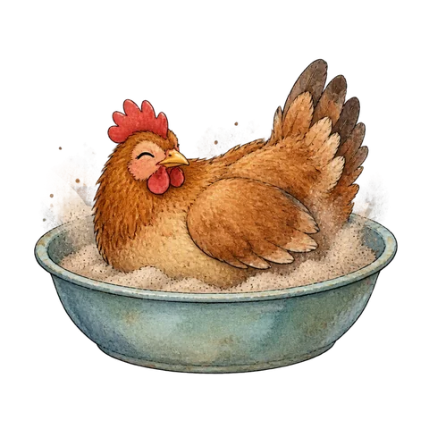 A cartoon hen taking a dust bath in a shallow bowl