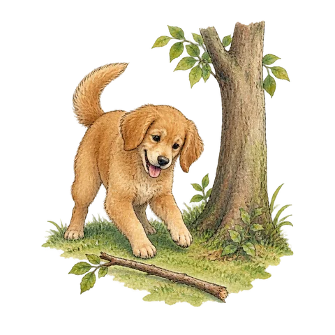 A playful dog with a fallen twig beside a tree
