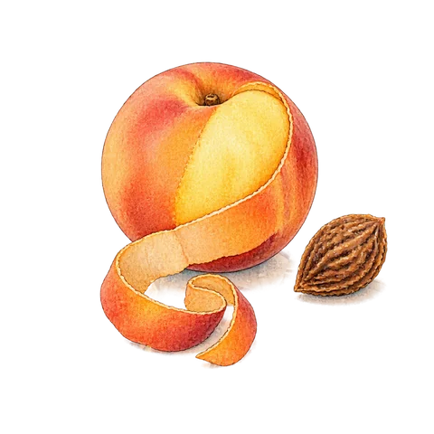 A peach being carefully peeled beside its stone