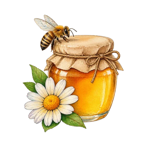 A jar of honey beside a bee and a flower