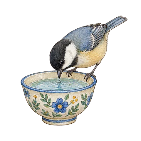 A cheeky bird pecking a small decorated drinking bowl