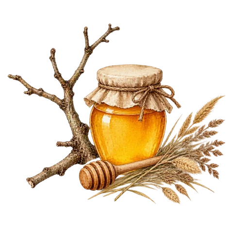 A dry branch beside a honey jar and dried grass