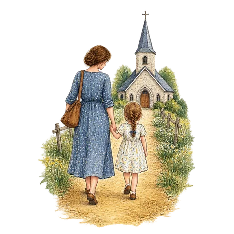 A mother and daughter walking on a straw-covered path toward a church