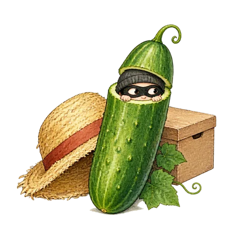 A tiny comic bandit peeking from a cucumber beside a straw hat and box
