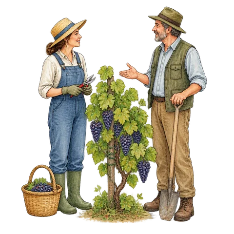 Two gardeners talking beside a grapevine