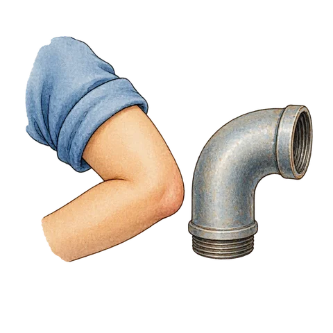 An elbow-shaped pipe beside a person's bent arm