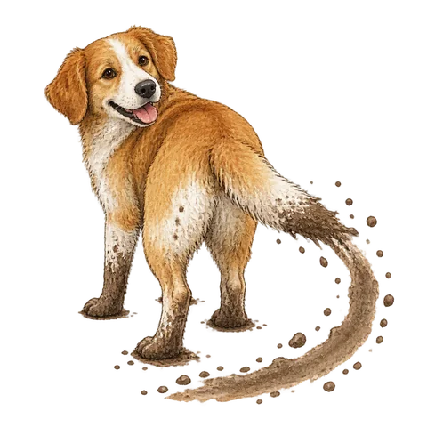 A muddy dog sweeping a curved trail with its tail