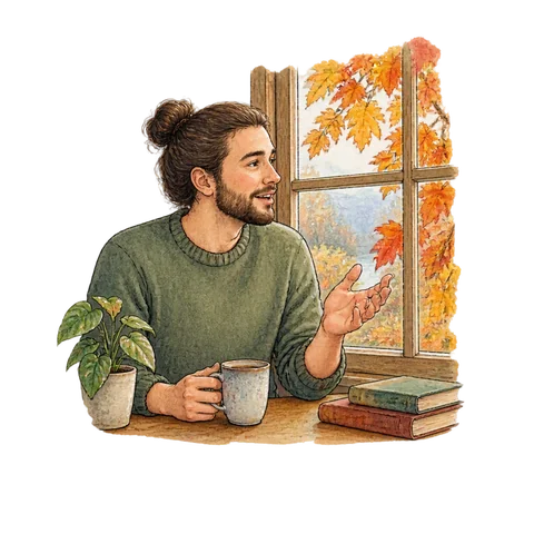 A man with a hair bun speaking beside a window filled with autumn leaves