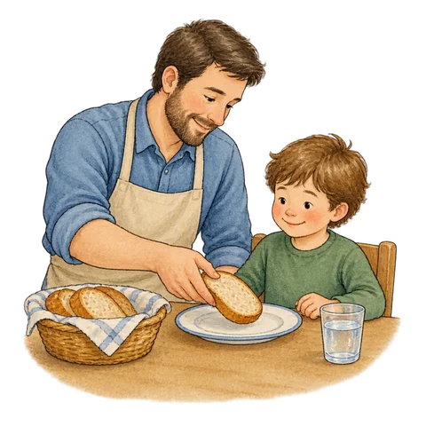 A father placing bread on a child's plate