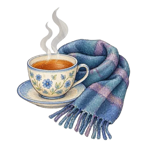 A steaming cup of tea beside a scarf