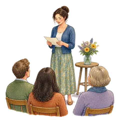 A thoughtful speaker reading before addressing a small audience