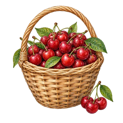 A woven basket brimming with red cherries
