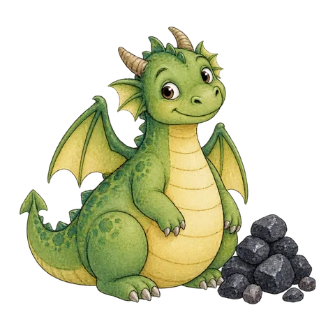 A friendly round-bellied dragon beside a small pile of coal