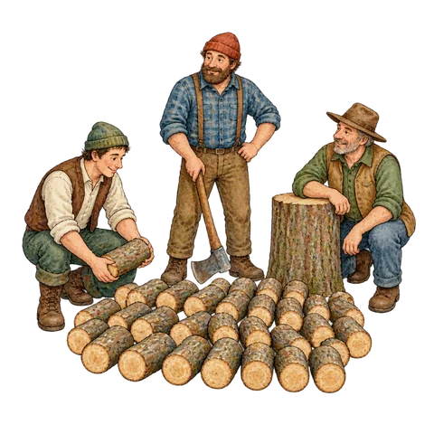 Three woodcutters beside thirty-three short logs