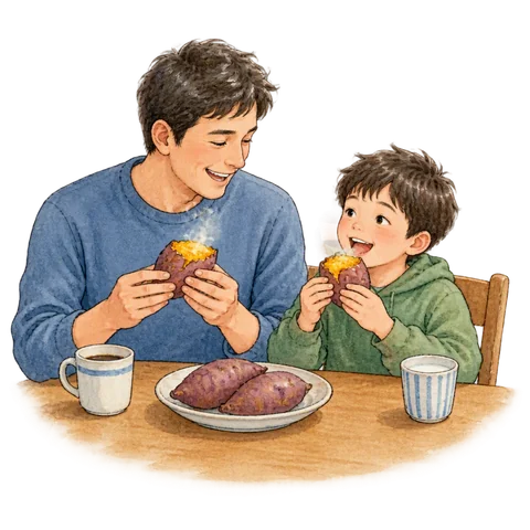 A man and a boy eating yam at breakfast