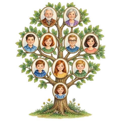 A branching family tree illustrated across several generations