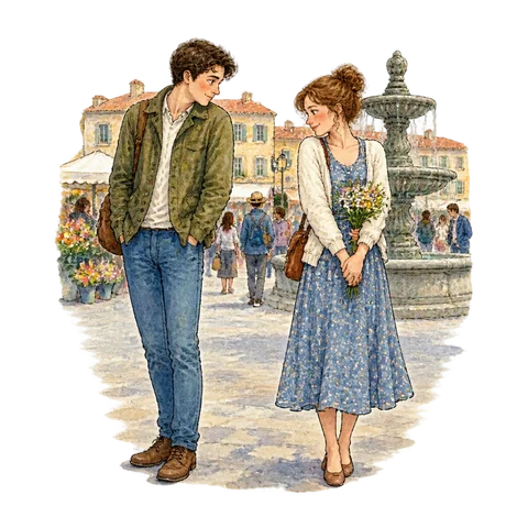 Two shy lovers exchanging glances in a busy square