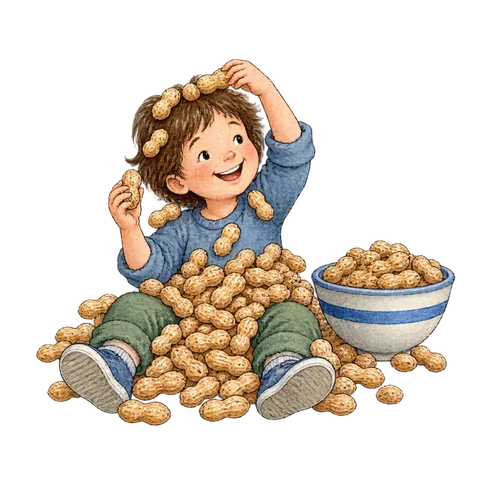 A person playfully covered in peanuts beside a bowl