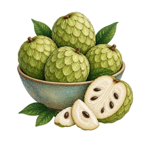 A bowl of green cherimoyas with creamy fruit inside