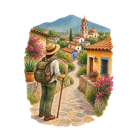 A traveller facing a winding path through a Mexican village
