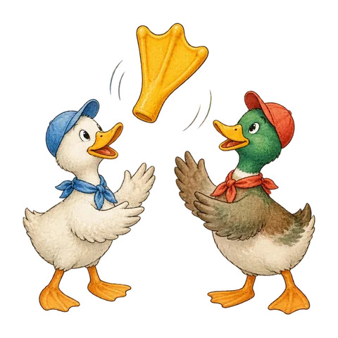 Two cartoon ducks juggling an oversized toy duck foot
