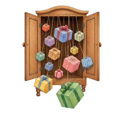 A wooden cabinet releasing boxes of many sizes on strings