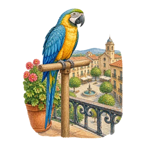 A parrot on a wooden perch on a balcony above a town square