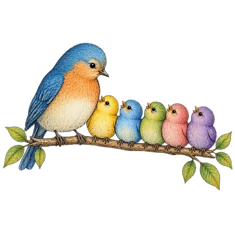 A mother bird with a row of colourful chicks