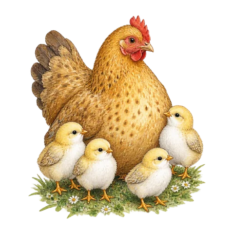 A speckled golden hen with white-breasted chicks