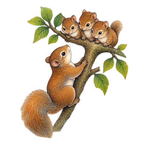 A whimsical climbing creature with three smaller creatures on a branch