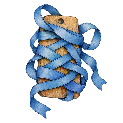 An elaborately tangled ribbon wrapped around a small wooden board