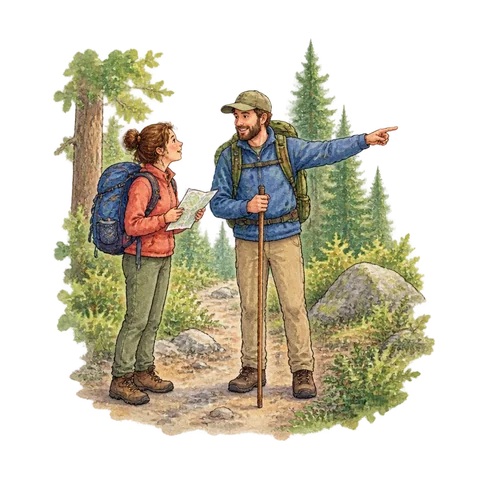 A traveller asking another traveller for directions in a forest