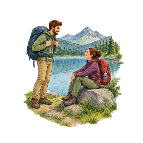 Two travellers meeting beside a lake after a long walk