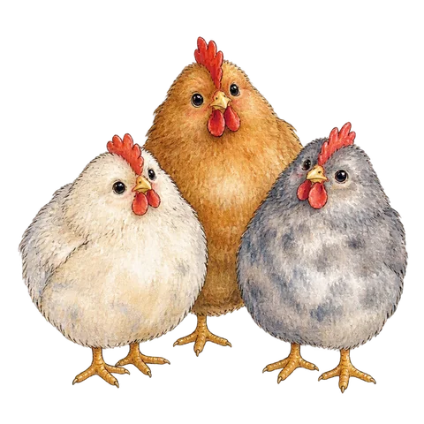 Three round fluffy chickens