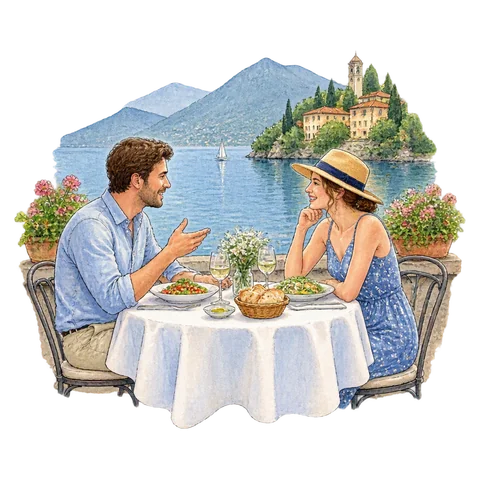 Two diners talking over a meal beside Lake Como