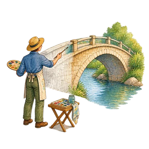 A painter painting a bridge from one end to the other