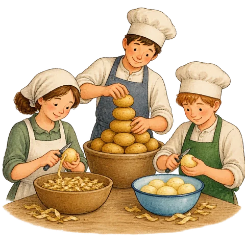 Two cooks peeling potatoes while another stacks them