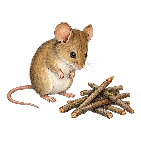 A rodent looking at a small pile of wooden sticks