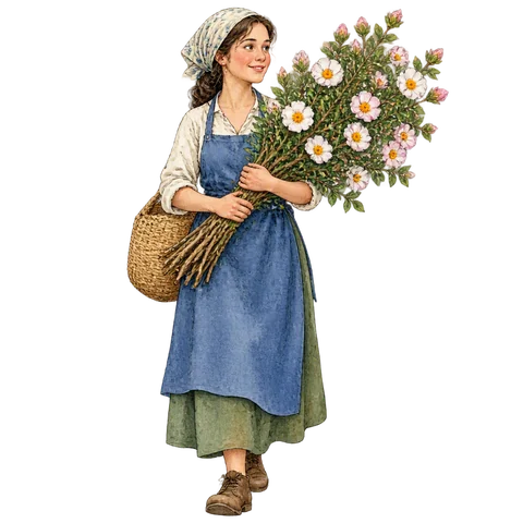 A market seller carrying flowering rockrose branches