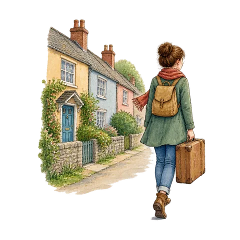 A person carrying a suitcase away from a row of houses