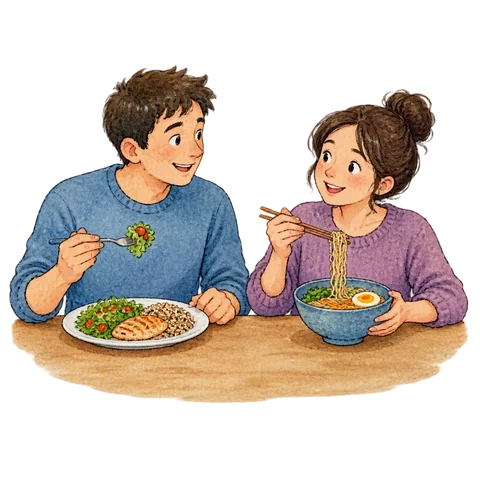 Two people comparing how they eat their meals