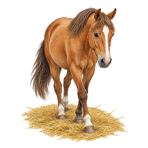 A horse walking gently over straw