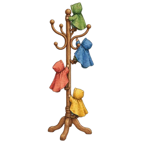 Four tiny cloth cloaks climbing a coat rack