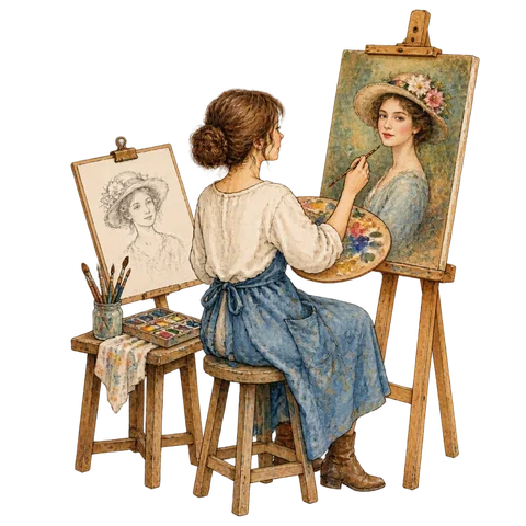 A painter between a lavish portrait and a simple sketch