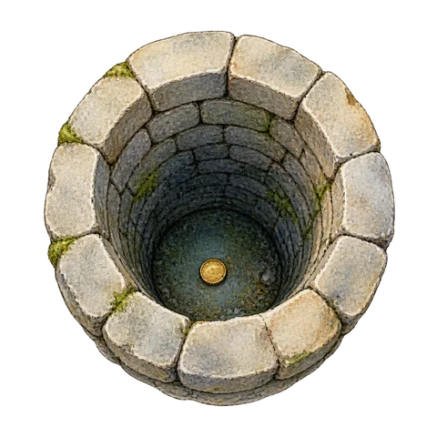 A coin lying at the bottom of an empty stone well
